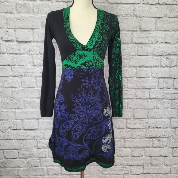 Desigual dress black green blue fit flare long sleeve dragon zebra detail Sz S - Picture 3 of 15